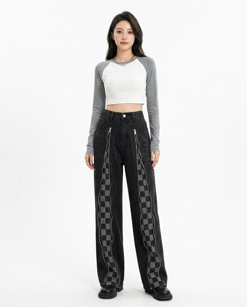 Heidi-Outlet - Vefiv | Checkerboard Zip-Detail Pants Unisex