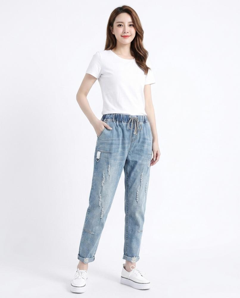 Heidi-Outlet - Sudom | Distressed Elastic-Waist Pants Women