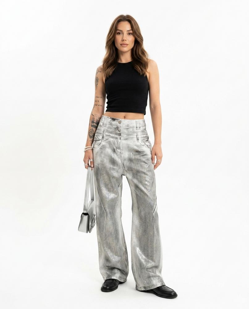 Heidi-Outlet - Eogal | Wide-Leg Metallic-Finish Pants Women