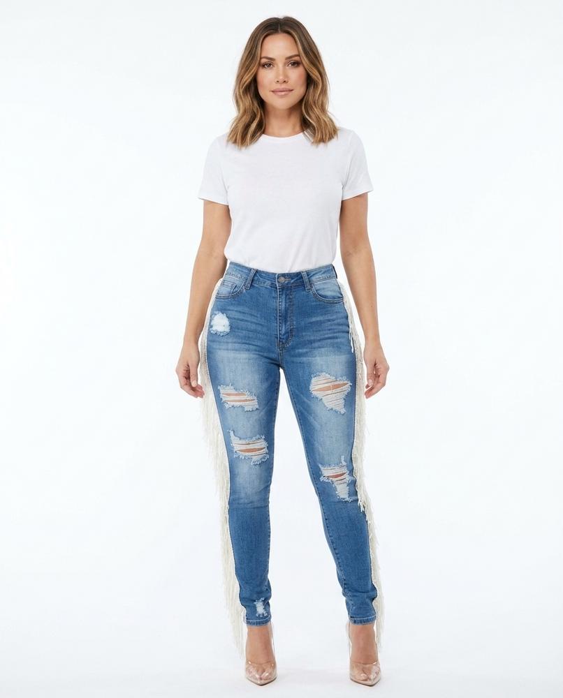 Heidi-Outlet - Velor | Fringed Ripped Pants Women