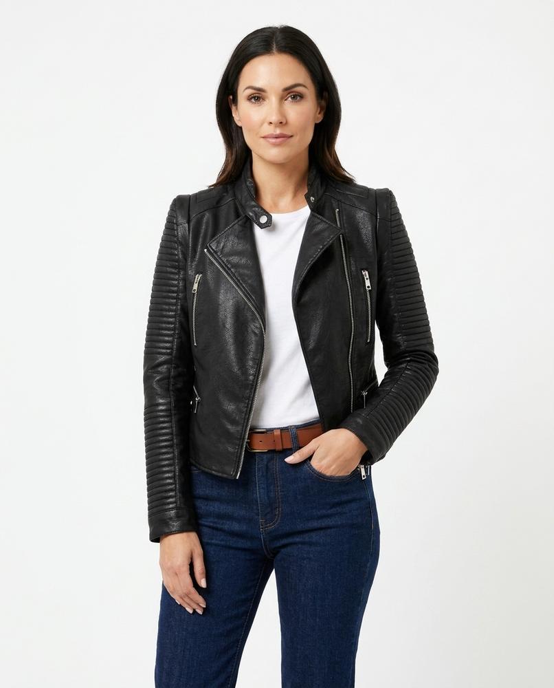 Heidi-Outlet - Levin | Fitted Ribbed-Sleeve Leather Jacket Women