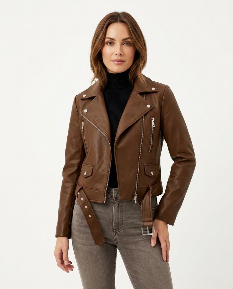 Heidi-Outlet - Novin | Asymmetrical Belted Leather Jacket Women