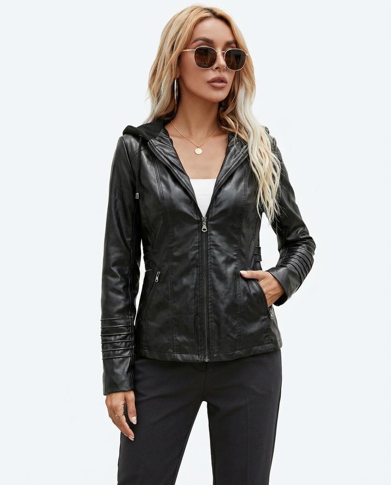 Heidi-Outlet - Risin | Hooded Fitted Leather Jacket Women
