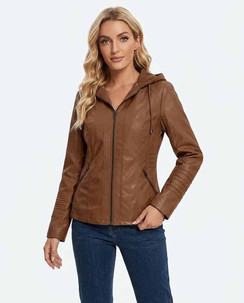 Heidi-Outlet - Risin | Hooded Fitted Leather Jacket Women