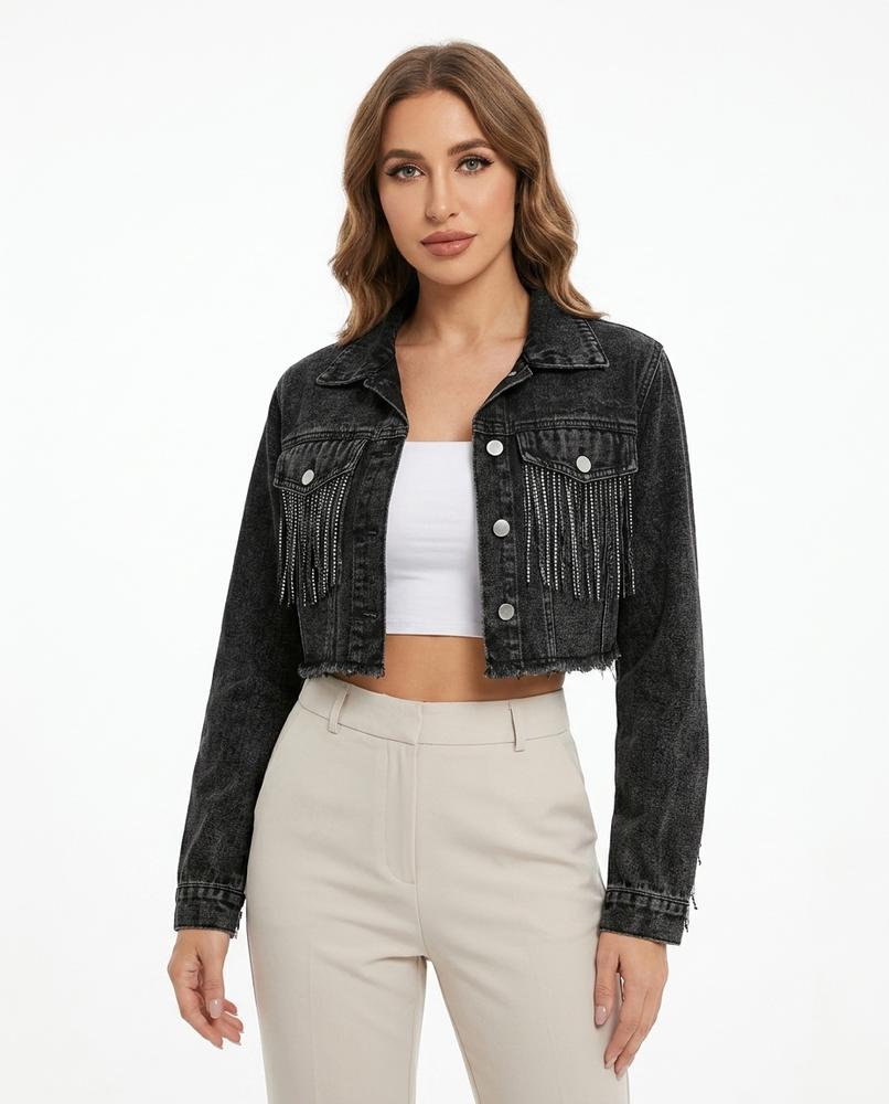 Heidi-Outlet - Zator | Cropped Fringed Denim Jacket Women