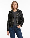 Heidi-Outlet - Keven | Grommet-Embellished Asymmetrical Zip Leather Jacket Women