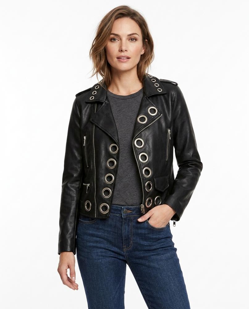 Heidi-Outlet - Keven | Grommet-Embellished Asymmetrical Zip Leather Jacket Women