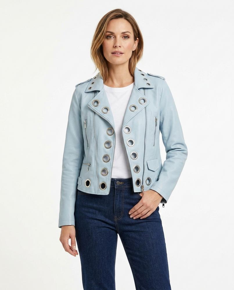 Heidi-Outlet - Keven | Grommet-Embellished Asymmetrical Zip Leather Jacket Women