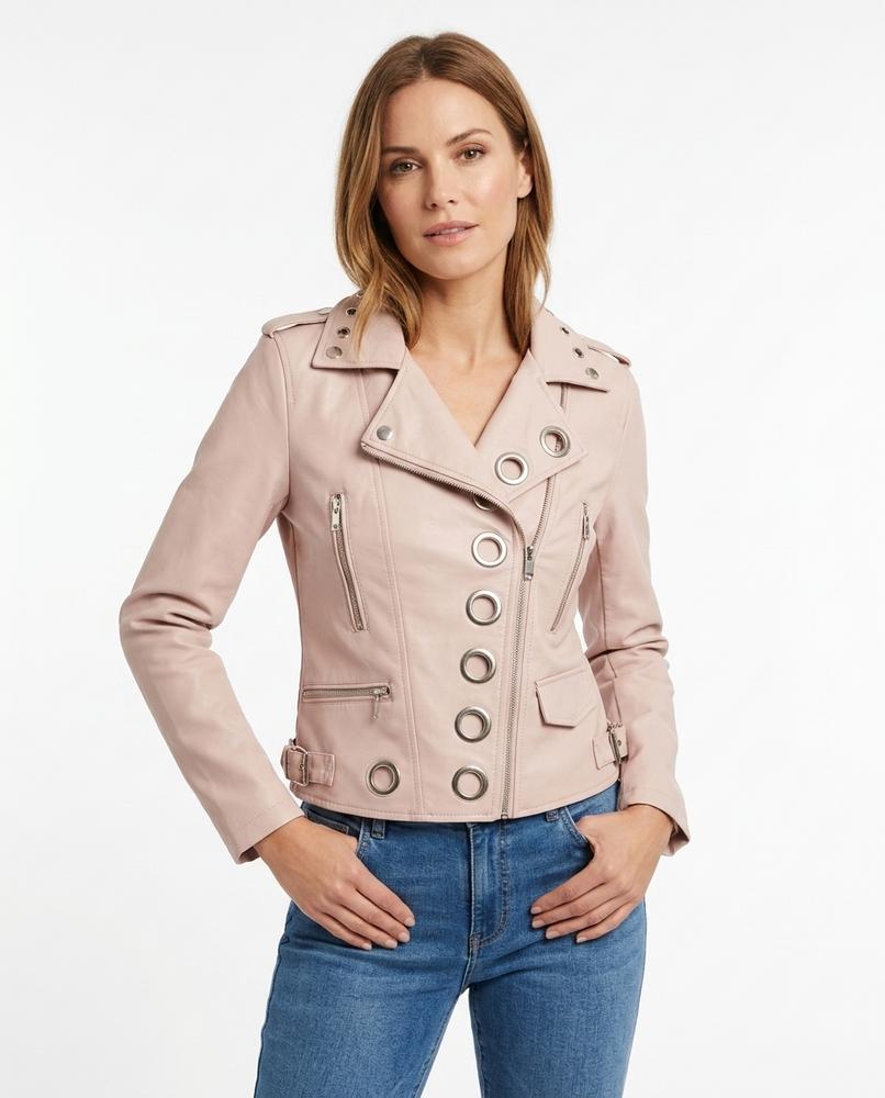 Heidi-Outlet - Keven | Grommet-Embellished Asymmetrical Zip Leather Jacket Women