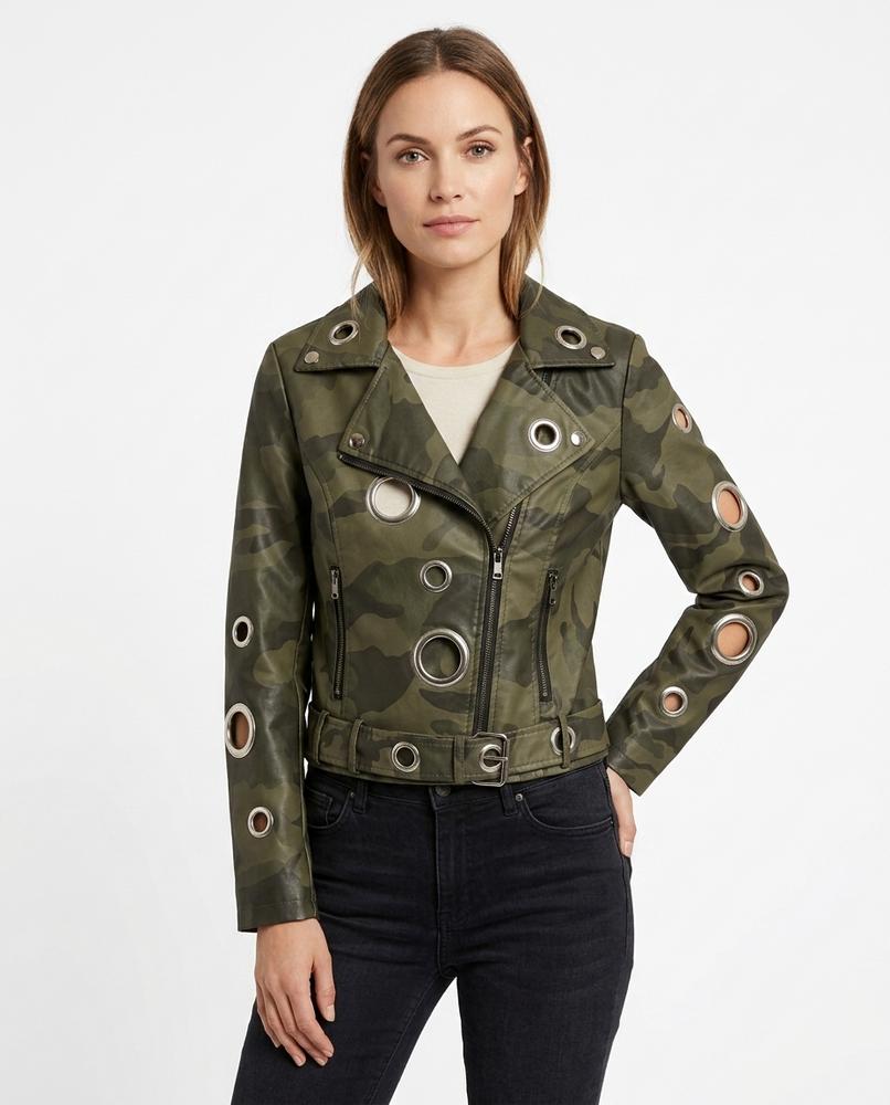 Heidi-Outlet - Lazan | Eyelet-Adorned Camouflage Leather Jacket Women