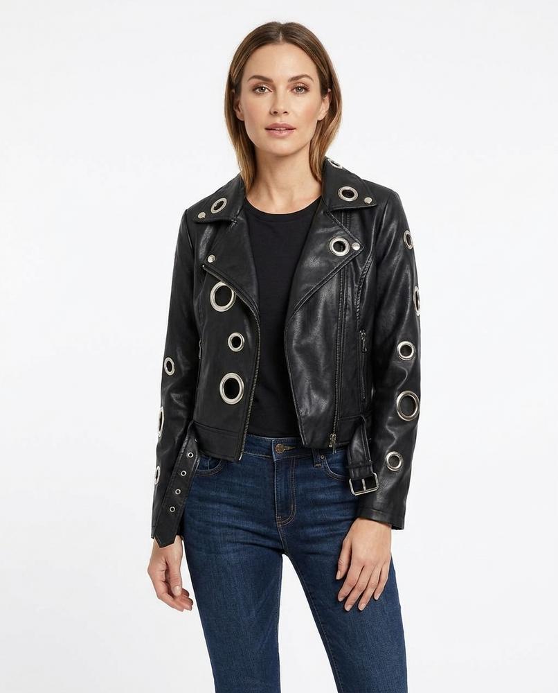 Heidi-Outlet - Lazan | Eyelet-Adorned Camouflage Leather Jacket Women