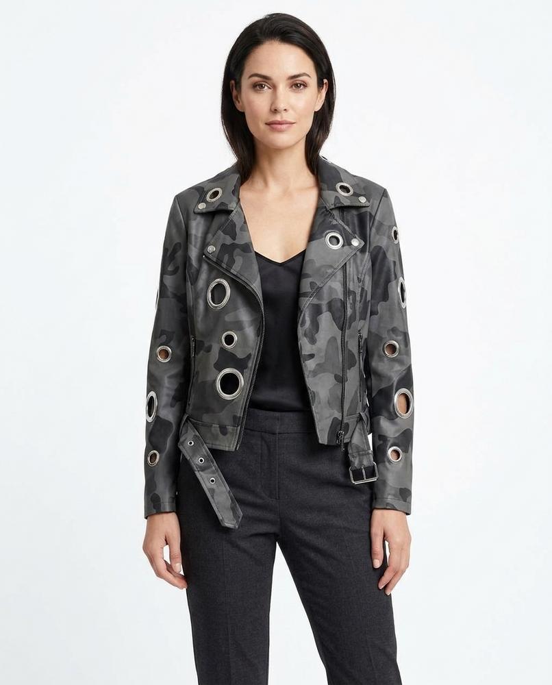 Heidi-Outlet - Lazan | Eyelet-Adorned Camouflage Leather Jacket Women