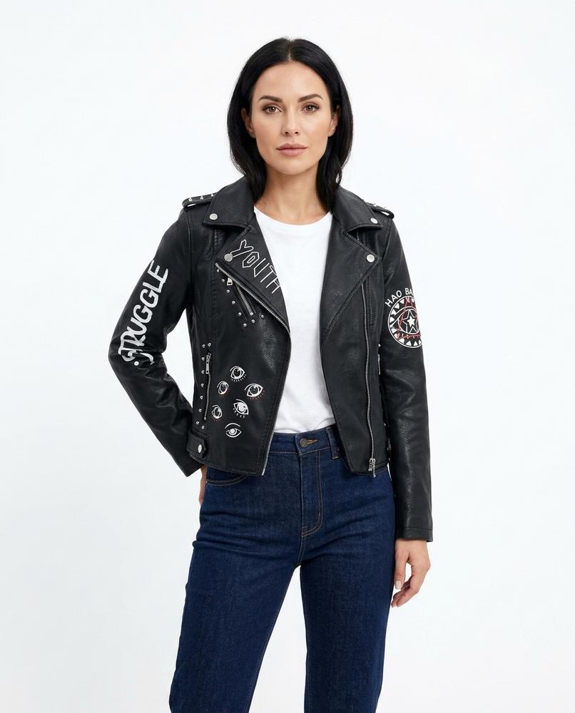 Heidi-Outlet - Lelev | Embellished Biker-Style Leather Jacket Women
