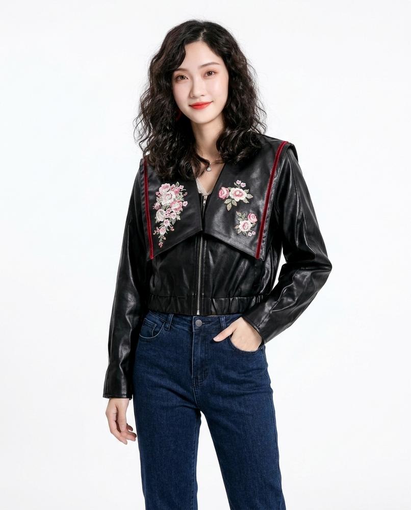Heidi-Outlet - Sahal | Cropped Embroidered Leather Jacket Women
