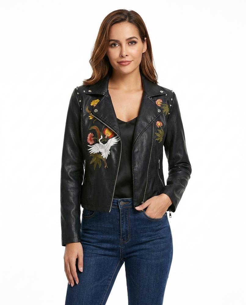 Heidi-Outlet - Lodan | Embroidered Asymmetrical Leather Jacket Women