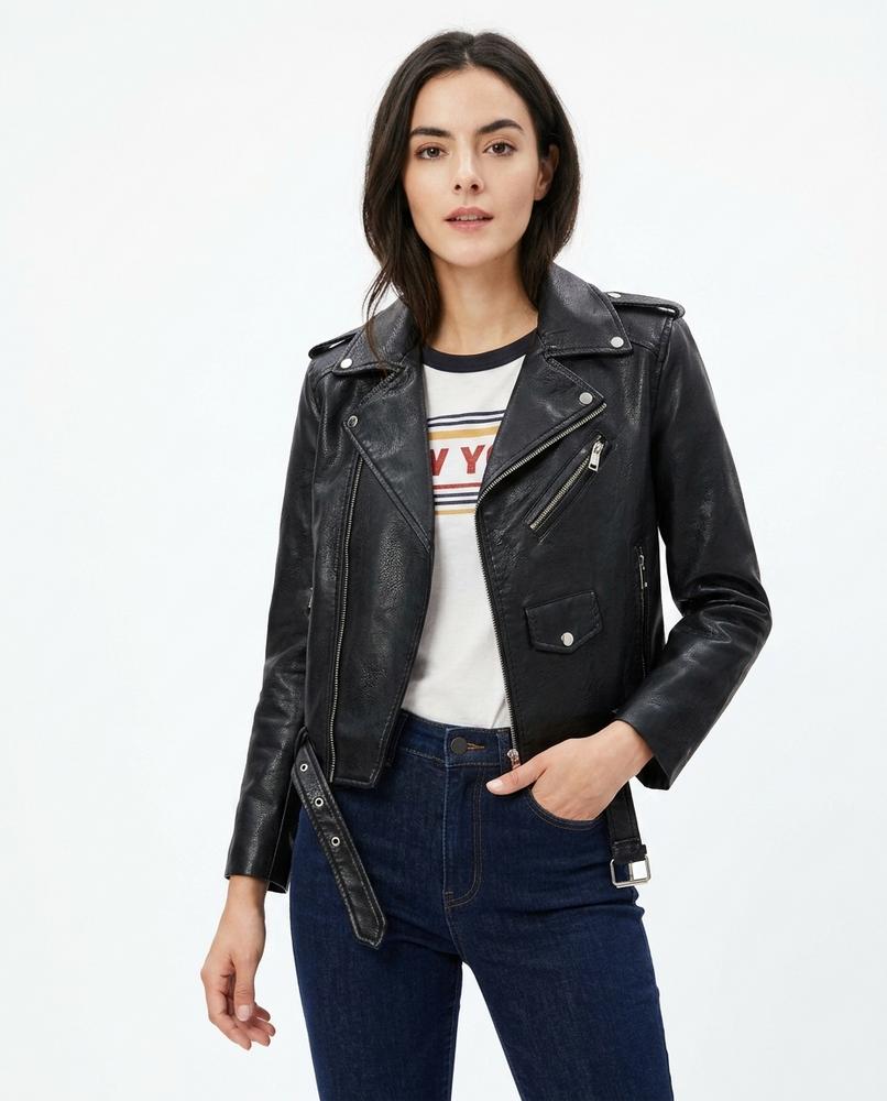 Heidi-Outlet - Tarel | Asymmetrical Belted Leather Jacket Women
