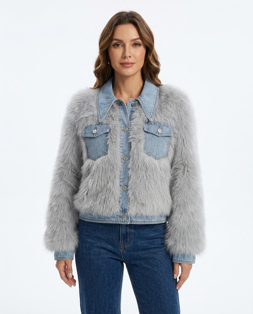 Heidi-Outlet - Rolom | Faux Fur Denim-Trimmed Jacket Women