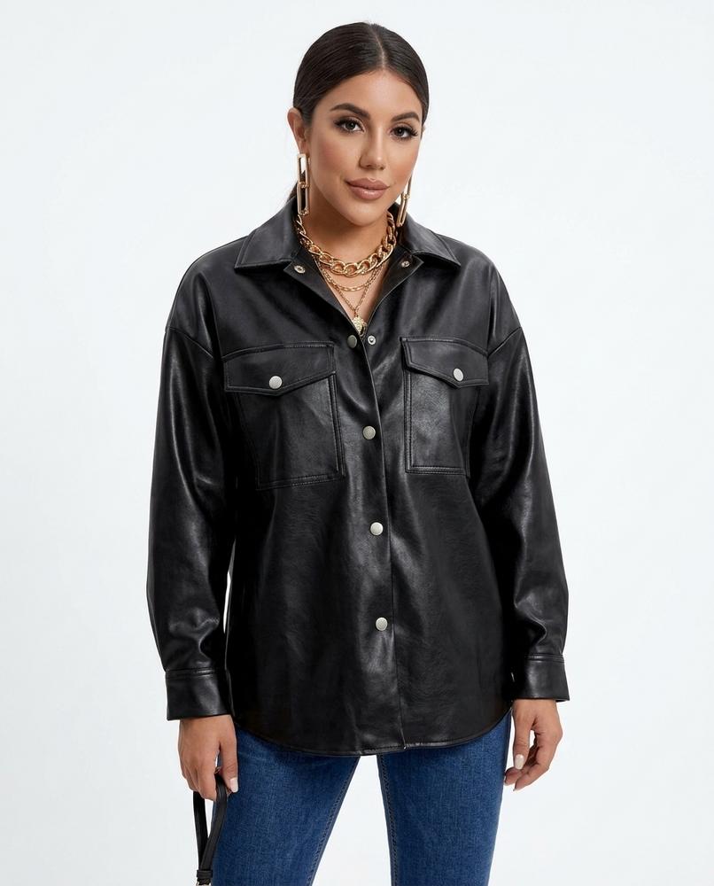 Heidi-Outlet - Lynav | Faux-Leather Snap-Button Shirt Women