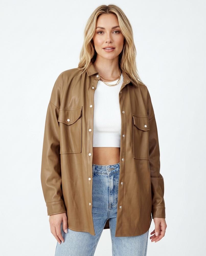 Heidi-Outlet - Lynav | Faux-Leather Snap-Button Shirt Women
