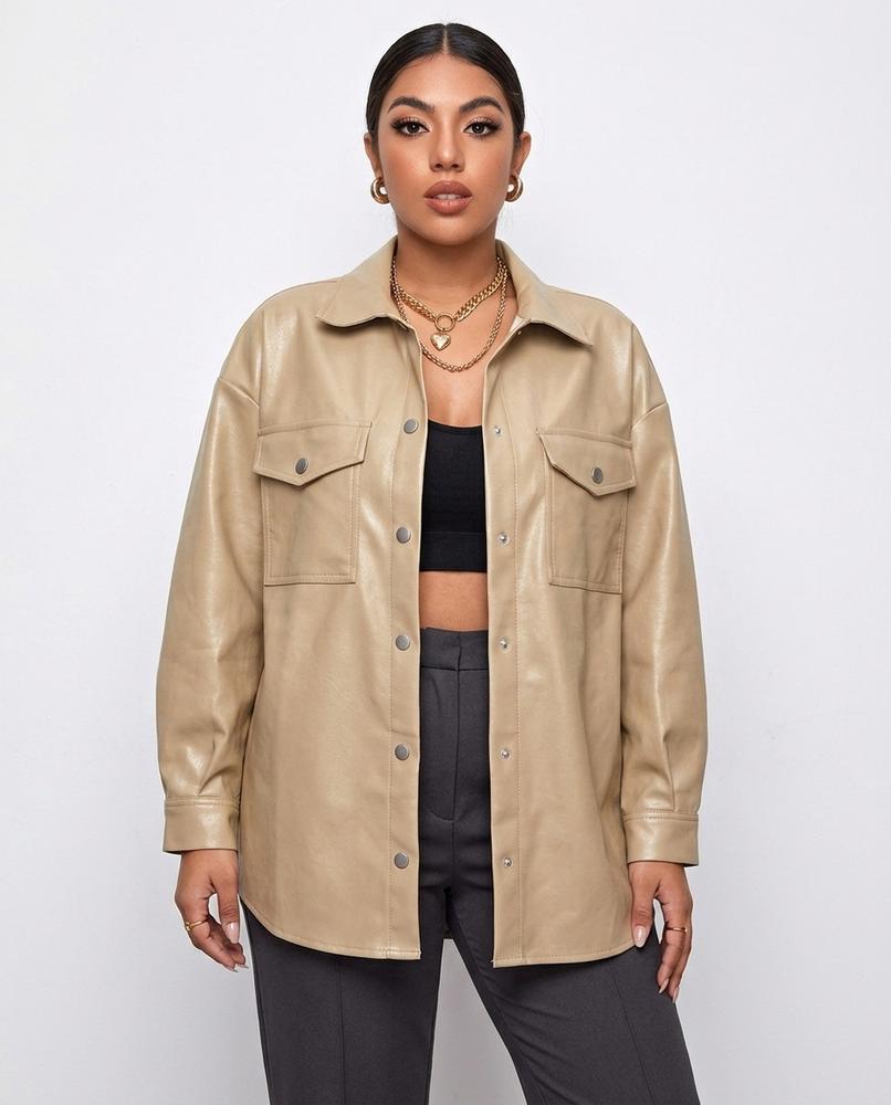 Heidi-Outlet - Lynav | Faux-Leather Snap-Button Shirt Women
