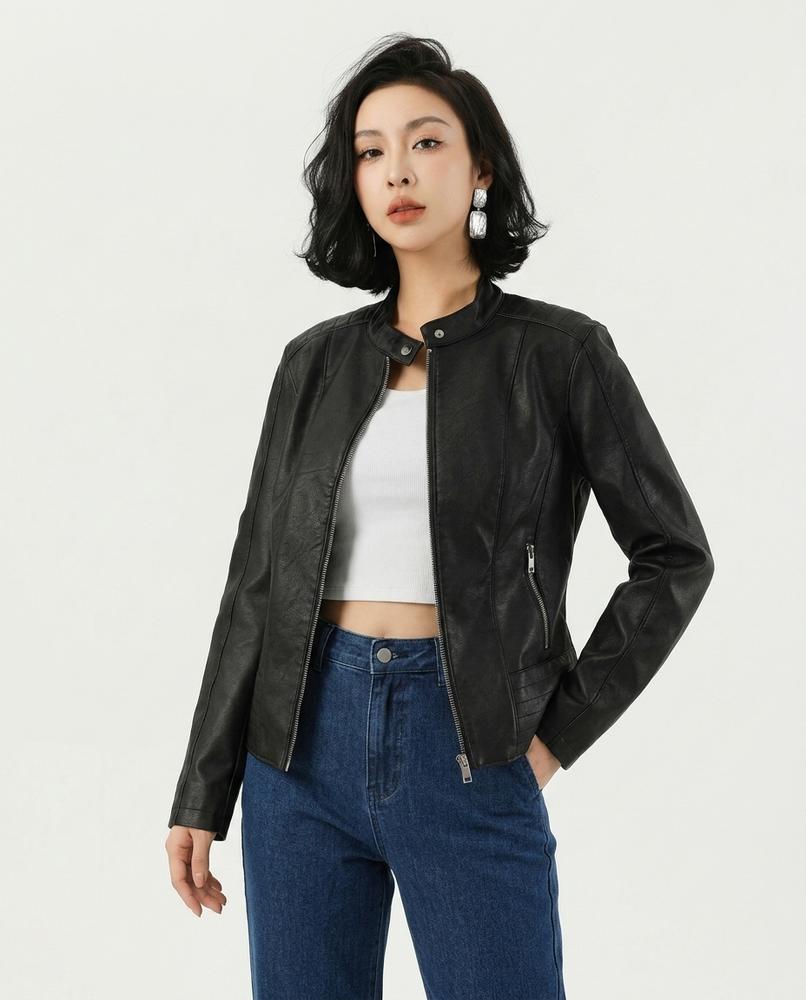 Heidi-Outlet - Timar | Fitted Band Collar Leather Jacket Women