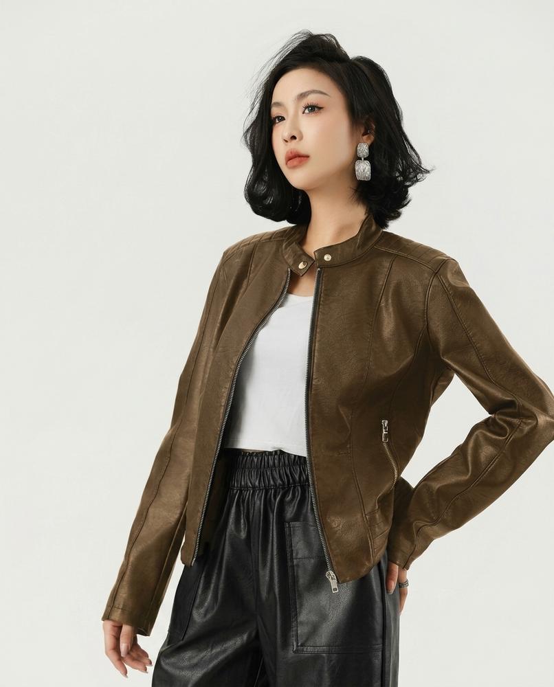 Heidi-Outlet - Timar | Fitted Band Collar Leather Jacket Women