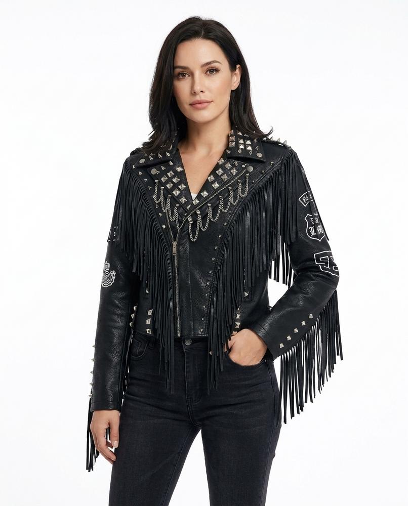 Heidi-Outlet - Coron | Studded Fringed Leather Jacket Women