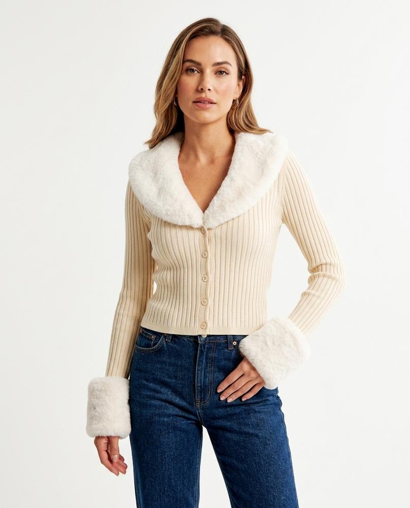 Heidi-Outlet - Tasan | Ribbed Faux-Fur Trim Knit Cardigan Women