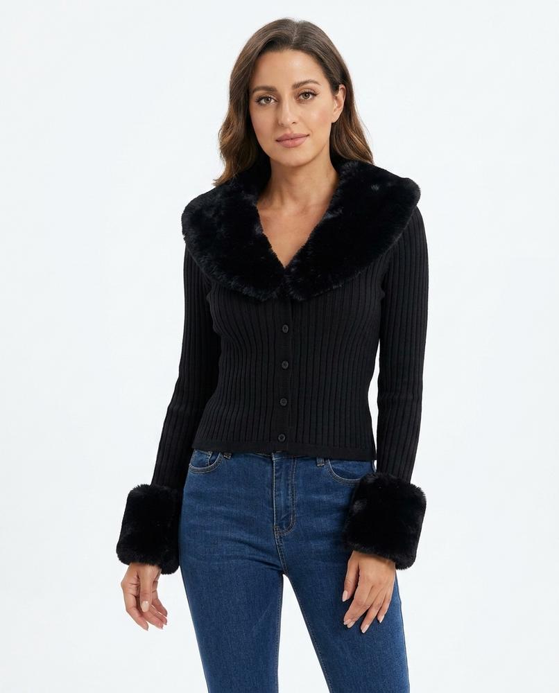 Heidi-Outlet - Tasan | Ribbed Faux-Fur Trim Knit Cardigan Women
