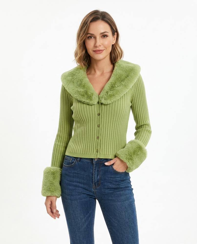 Heidi-Outlet - Tasan | Ribbed Faux-Fur Trim Knit Cardigan Women