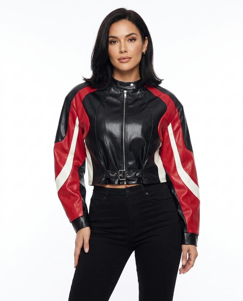 Heidi-Outlet - Caver | Color-Block Cropped Leather Jacket Women