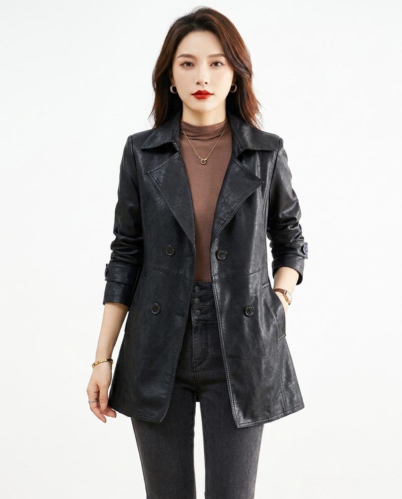 Heidi-Outlet - Nemor | Leather Double-Breasted Coat Women
