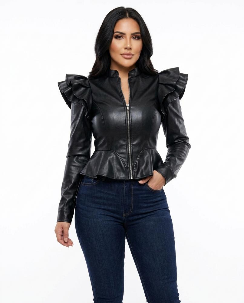 Heidi-Outlet - Lylor | Ruffled Peplum Leather Jacket Women