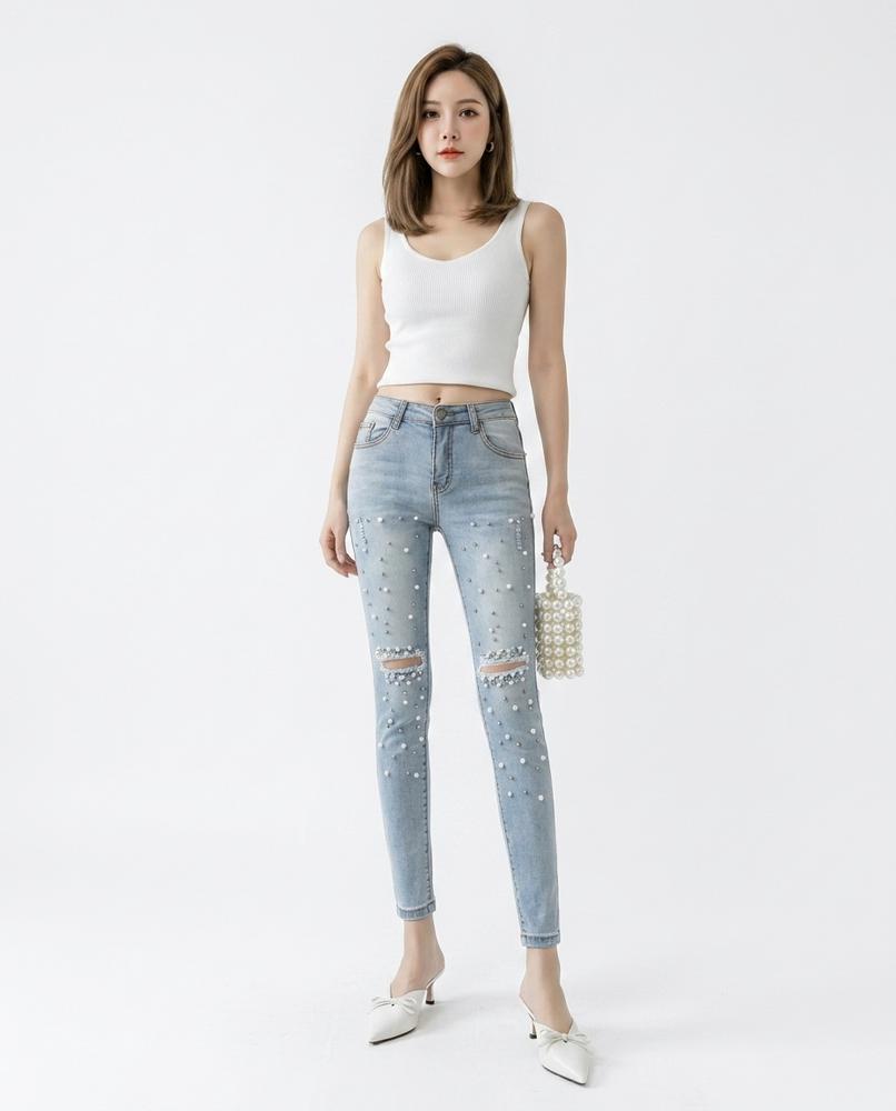 Heidi-Outlet - Misel | Pearl-Embellished High-Waist Pants Women